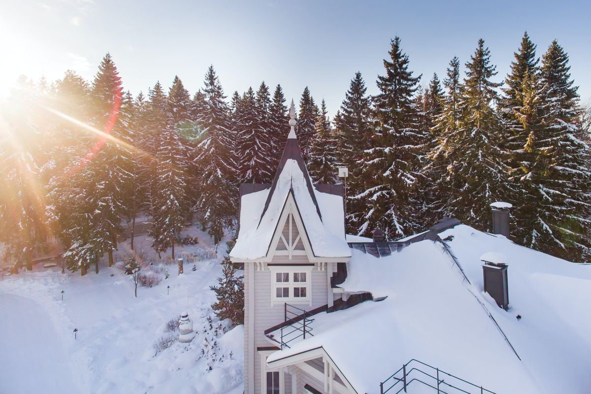 Snowy ski resort at sunrise