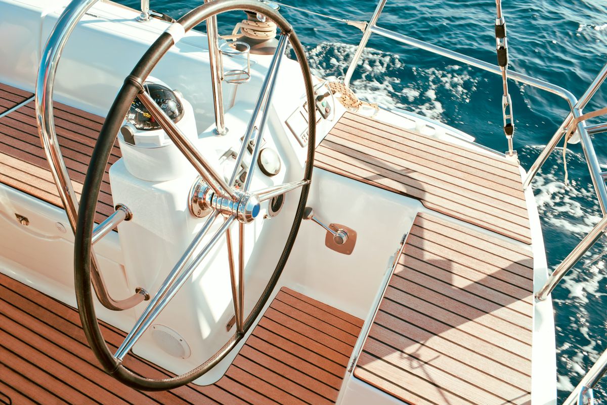 Ship's wheel of a private yacht